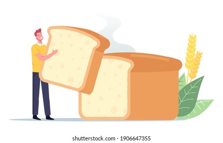 Home Made Bakery, Tiny Man with Huge Baked Tommy, Happy Male Character Holding Piece of Homemade Bread Loaf in Hands.Tasty Bakery Production and Fresh Bread Concept. Cartoon Vector Illustration