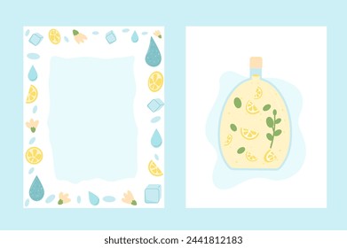 Home made lemonade card set. Sour soft drink with lemon frame and borttle. beverages banner collection. Stay hydrated. Vector flat illustration.