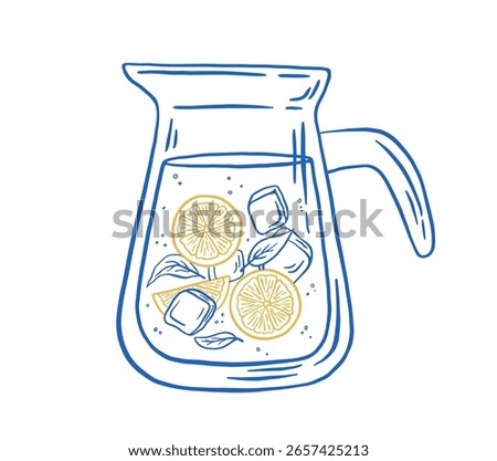 Home made lemonade with ice and lemon slice in the jug vector illustration. Summer fresh drink on white background. 