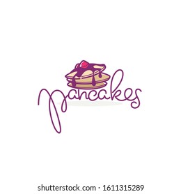 Home made pancakes logo template, doodle style illustration with lettering composition
