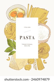 Home made pasta, abstract culinary illustration, hand drawn graphic elements, food cooking ingredients