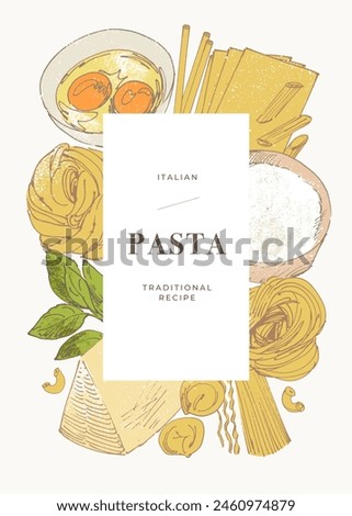Home made pasta, abstract culinary illustration, hand drawn graphic elements, food cooking ingredients