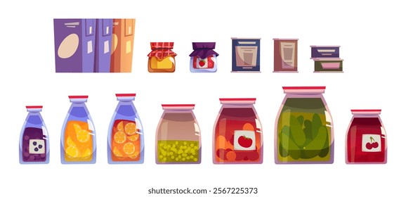 Home made preservation collection - glass jars with preserved fruits, berries and vegetables. Kitchen containers with citrus slices, pickled cucumbers, tomatoes, cherries, peas for pantry storage.