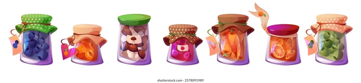 Home made preservation jars with colorful fruits, berries, mushrooms and vegetables. Glass containers sealed with patterned fabric tops, decorated ribbons and labels - traditional canning collection.