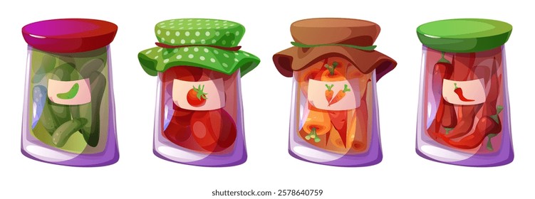 Home made preservation jars set - glass containers with pickled cucumbers, tomatoes, carrots and chili peppers. Colorful collection of canned vegetables with labeled lids and decorative fabric covers.