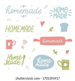 Home made quote. Vector hand drawn set. Handmade, shop design set. Colorful arts and crafts, kitchen elements, icons, logos, badges set isolated, lettering