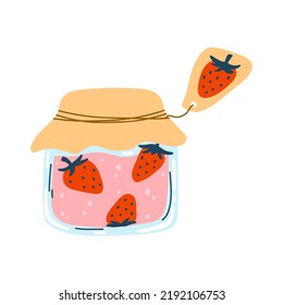 Home made strawberry jam, canned fruit in cartoon hand drawn flat style. Vector illustration of glass jar with preserved food, compote, marmalade. Autumn harvest season, stewed berries and fruits in
