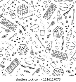 Home made tiramisu, ingredients for baking. Italian dessert. Seamless pattern. Hand drawn vector black and white illustration. Cartoon doodle. Background, wallpaper. Colouring page. 