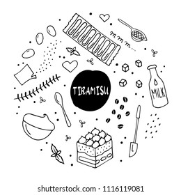 Home made tiramisu, Ingredients for baking. Italian dessert. Set of abstract isolated design elements. Hand drawn vector black and white illustrations. Cartoon, doodle.