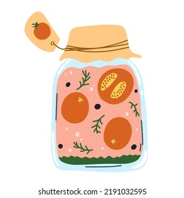 Home made tomato pickles, canned vegetables in cartoon hand drawn flat style. Vector illustration of glass jar with preserved food. Autumn harvest season, marinated veggies