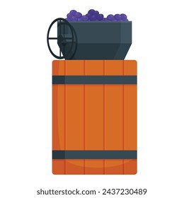 Home made wine production icon cartoon vector. Wooden barrel crash grapes equipment. Drink alcohol