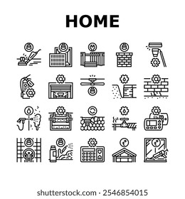 home maintenance cleaning icons set vector. plumbing roofing insulation, landscaping pest, hvac electrical, flooring siding home maintenance cleaning black contour illustrations