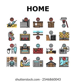 home maintenance cleaning icons set vector. plumbing roofing insulation, landscaping pest, hvac electrical, flooring siding home maintenance cleaning color line illustrations