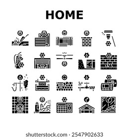 home maintenance cleaning icons set vector. plumbing roofing insulation, landscaping pest, hvac electrical, flooring siding home maintenance cleaning glyph pictogram Illustrations