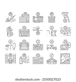 home maintenance cleaning icons set vector. plumbing roofing insulation, landscaping pest, hvac electrical, flooring siding home maintenance cleaning black contour illustrations