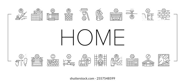 home maintenance cleaning icons set vector. plumbing roofing insulation, landscaping pest, hvac electrical, flooring siding home maintenance cleaning black contour illustrations