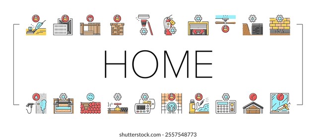 home maintenance cleaning icons set vector. plumbing roofing insulation, landscaping pest, hvac electrical, flooring siding home maintenance cleaning color line illustrations