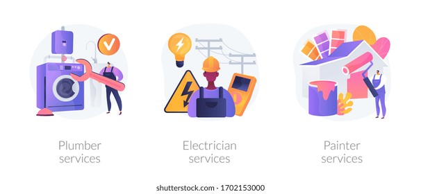 Home maintenance and improvement metaphors. Plumbing services, electrician, apartment painting. Plumbers, electricity engineer, painter workers. Vector isolated concept metaphor illustrations.