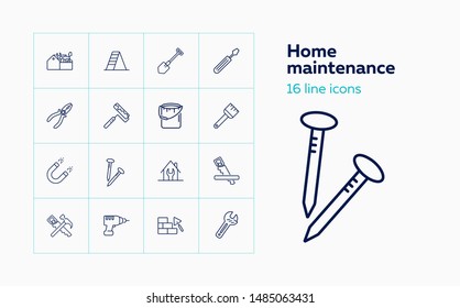 Home maintenance line icon set. Tool box, painting brush, wrench. Construction concept. Can be used for topics like housing housekeeping, renovation, repair