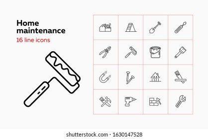 Home maintenance line icon set. Tool box, painting brush, wrench. Construction concept. Can be used for topics like housing housekeeping, renovation, repair