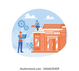 Home maintenance. The repairman is replacing and installing house roofs. Home maintenance concept. Flat vector illustration.