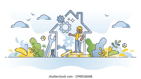 Home Maintenance And Technical House Improvement Service Outline Concept. Work With Under Construction Building As Professional Inspection Vector Illustration. Renovation Or Repair For Estate Property