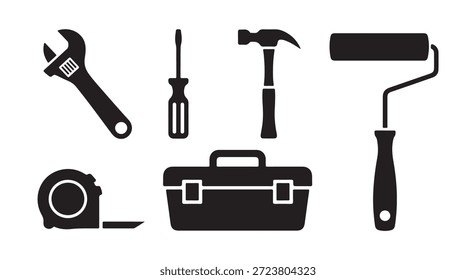 Home maintenance tools silhouette set of wrench, screwdriver, hammer, paint Roller, toolbox 