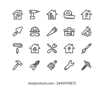 Home Maintenance Vector Icon Set | Adjustable Line Weight | Tools, wrench, hammer, screwdriver, drill, construction, repair, toolbox, painting, saw, pliers, home improvement icons