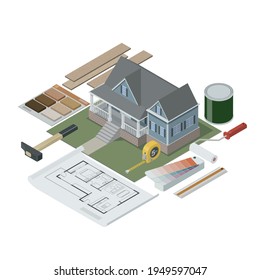 Reforma del hogar y bricolaje: herramientas isométricas y casa modelo en un escritorio, ilustración 3D