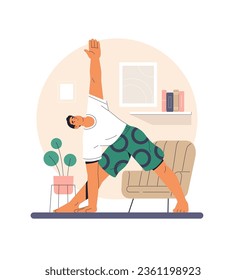 Home male yoga. Vector cartoon illustration in a trendy flat style of a young man practicing yoga. Isolated on a home interior background