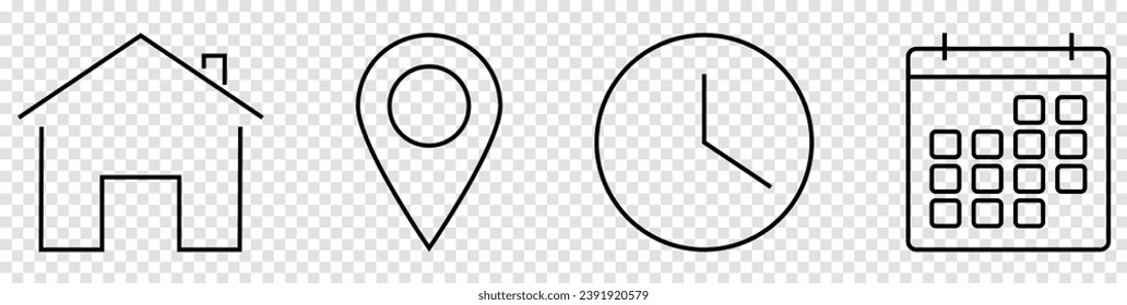 Home, map pin, time and calendar icon set. Vector illustration isolated on transparent background
