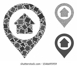 Home marker composition of irregular pieces in variable sizes and color tones, based on home marker icon. Vector irregular pieces are composed into composition.