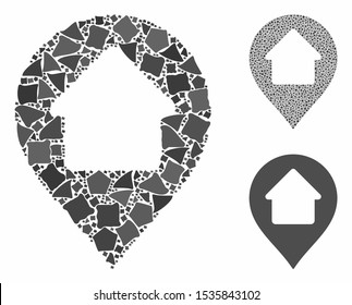 Home marker composition of rough parts in variable sizes and shades, based on home marker icon. Vector bumpy parts are united into collage. Home marker icons collage with dotted pattern.