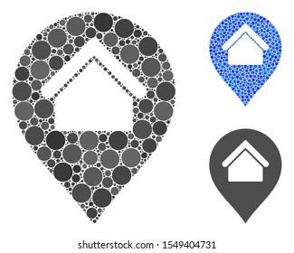 Home marker composition of spheric dots in variable sizes and color tinges, based on home marker icon. Vector dots are organized into blue mosaic. Dotted home marker icon in usual and blue versions.