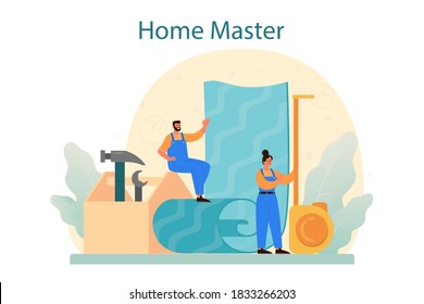 Home master concept. Repairman applying finishing materials. Home remodeling, renovation. House repair service, wallpaper, tile and wall paint. Isolated flat vector illustration