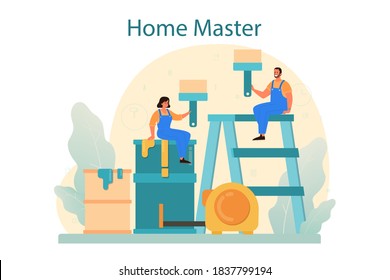Home master concept. Repairman applying finishing materials. Home remodeling, renovation. House repair service, wallpaper, tile and wall paint. Isolated flat vector illustration