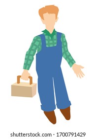 Home master. Man with box of working instruments, wearing in work overalls. Motives of fixing, plumbing, carpentry, helping
