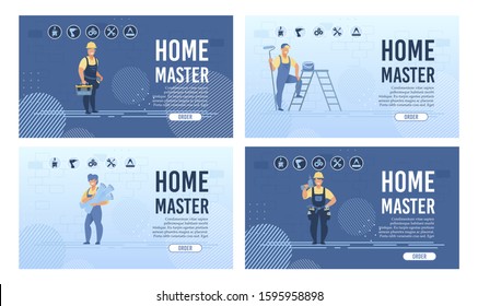 Home Master. Online Repair Service. Husband for Hour. Men in Uniform with Tools. Electrician, Plumber, Painter, Technician, Repairman Characters. Landing Page Flat Layout Set. Vector Illustration