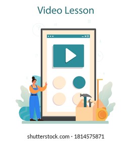 Home master online service or platform. Repairman applying finishing materials, wallpaper, tile and wall paint. Video lesson. Isolated flat vector illustration