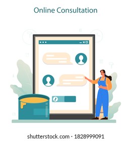 Home master online service or platform. Repairman applying finishing materials, wallpaper, tile and wall paint. Online consultation. Isolated flat vector illustration