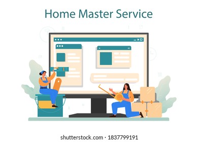 Home master online service or platform. Repairman applying finishing materials, wallpaper, tile and wall paint. Website. Isolated flat vector illustration