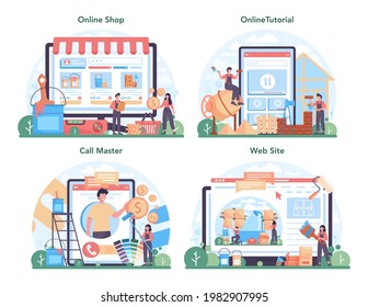 Home master online service or platform set. Repairman applying finishing materials. Home remodeling, renovation. Online shop, tutorial, call, website. Isolated flat vector illustration