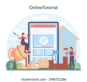 Home master online service or platform. Repairman applying finishing materials. Home remodeling, renovation. Online tutorial. Isolated flat vector illustration