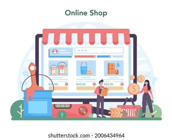 Home master online service or platform. Repairman applying finishing materials. Home remodeling, renovation. Online shop. Isolated flat vector illustration