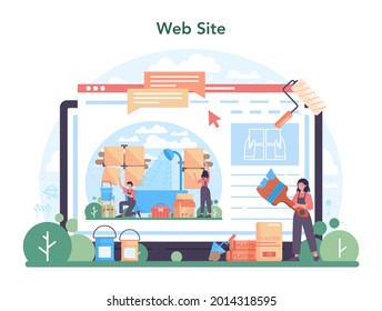 Home master online service or platform. Repairman applying finishing materials. Home remodeling, renovation. Website. Isolated flat vector illustration