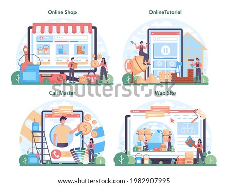 Home master online service or platform set. Repairman applying finishing materials. Home remodeling, renovation. Online shop, tutorial, call, website. Isolated flat vector illustration