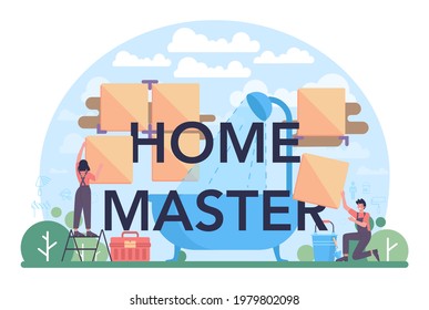 Home master typographic header. Repairman applying finishing materials. Home remodeling, renovation. House repair service. Isolated flat vector illustration