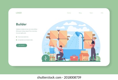 Home master web banner or landing page. Repairman applying finishing materials. Home remodeling, renovation. House repair service. Isolated flat vector illustration