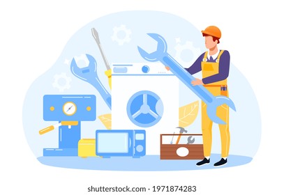 Home master in yellow working outfit holding wrench ready to do minor repair. Flat abstract metaphor outline cartoon vector illustration concept design banner. Isolated on white background