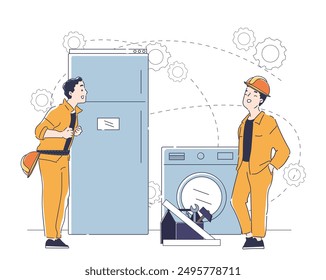 Maestros en casa en el baño. Hombres en uniformes con herramientas arreglan tuberías en el baño. Equipo de reparadores. Profesionales con lavadora. Ilustración vectorial lineal aislada sobre fondo blanco